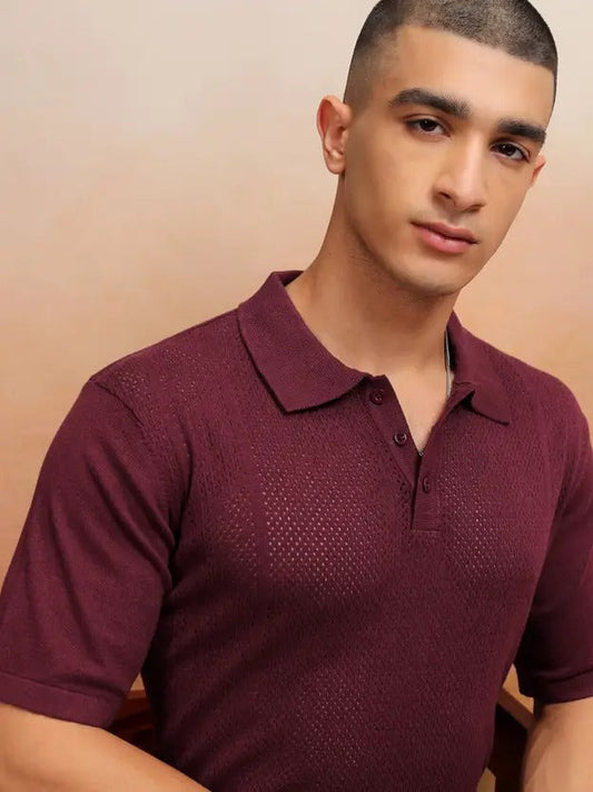 Men's Self-Design Polo Neck Cotton Blend T-Shirt – Brown