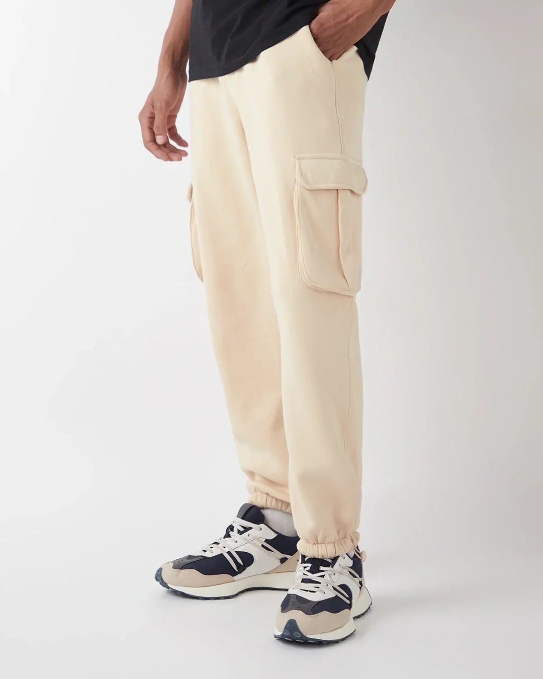 Men's Beige Oversized Brushed Cargo Joggers