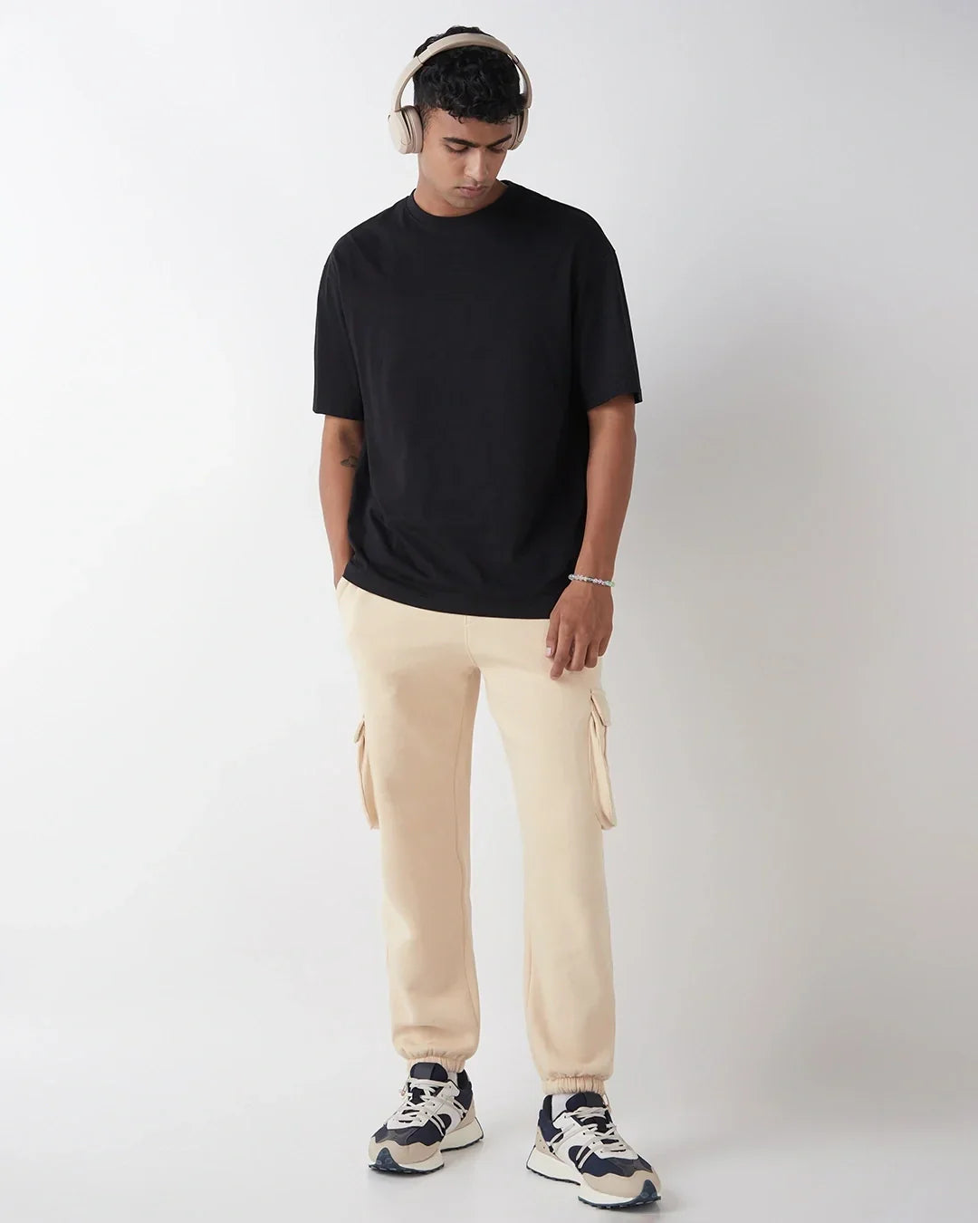 Men's Beige Oversized Brushed Cargo Joggers