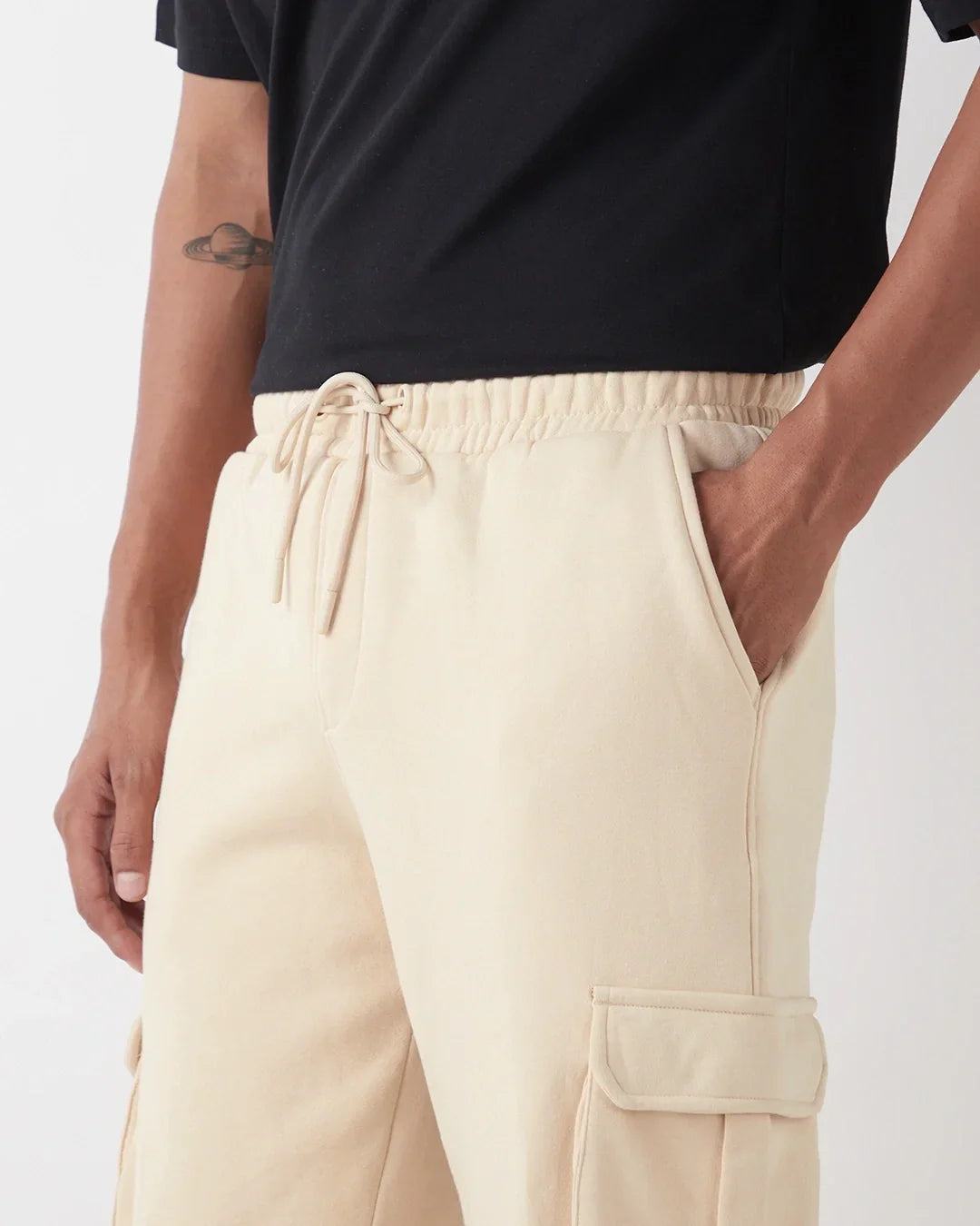 Men's Beige Oversized Brushed Cargo Joggers